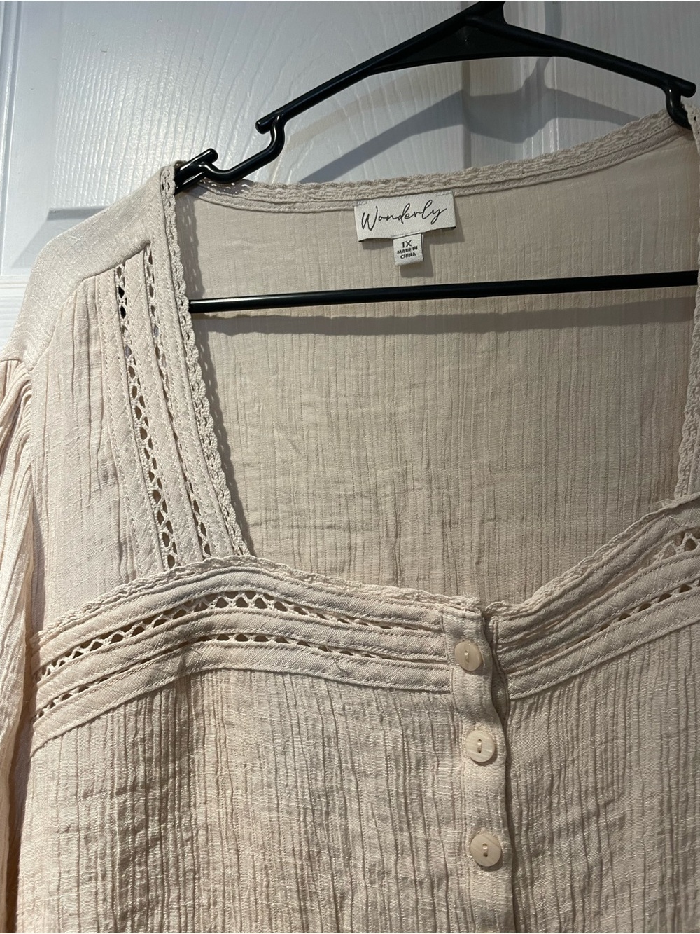 Wonderly Cream Gauze Boho Cottage Button-Front Peasant Top 1x - Picture 2 of 4